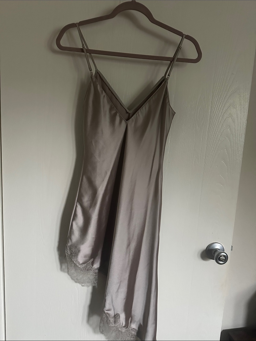 Zara Asymmetrical Slip Dress in Taupe Gray with Lace Trim - Picture 4 of 4